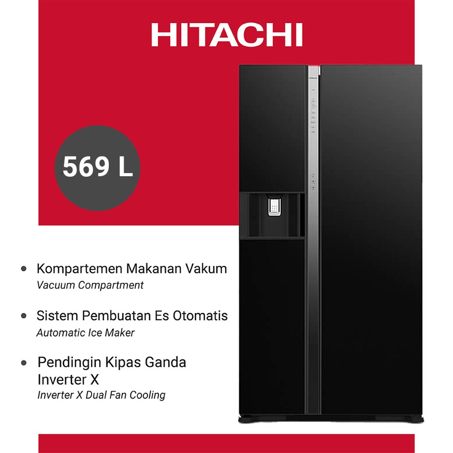 HITACHI Kulkas Side by Side Inverter 590Liter Glass Black R-M80PGD0-33kr